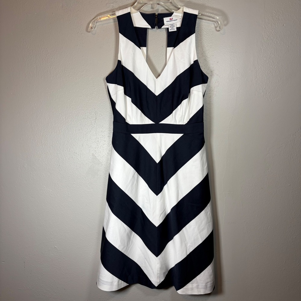 Vineyard Vines‎ Womens Navy White Chevron Stripe V-Neck Open Back Dress Size 2